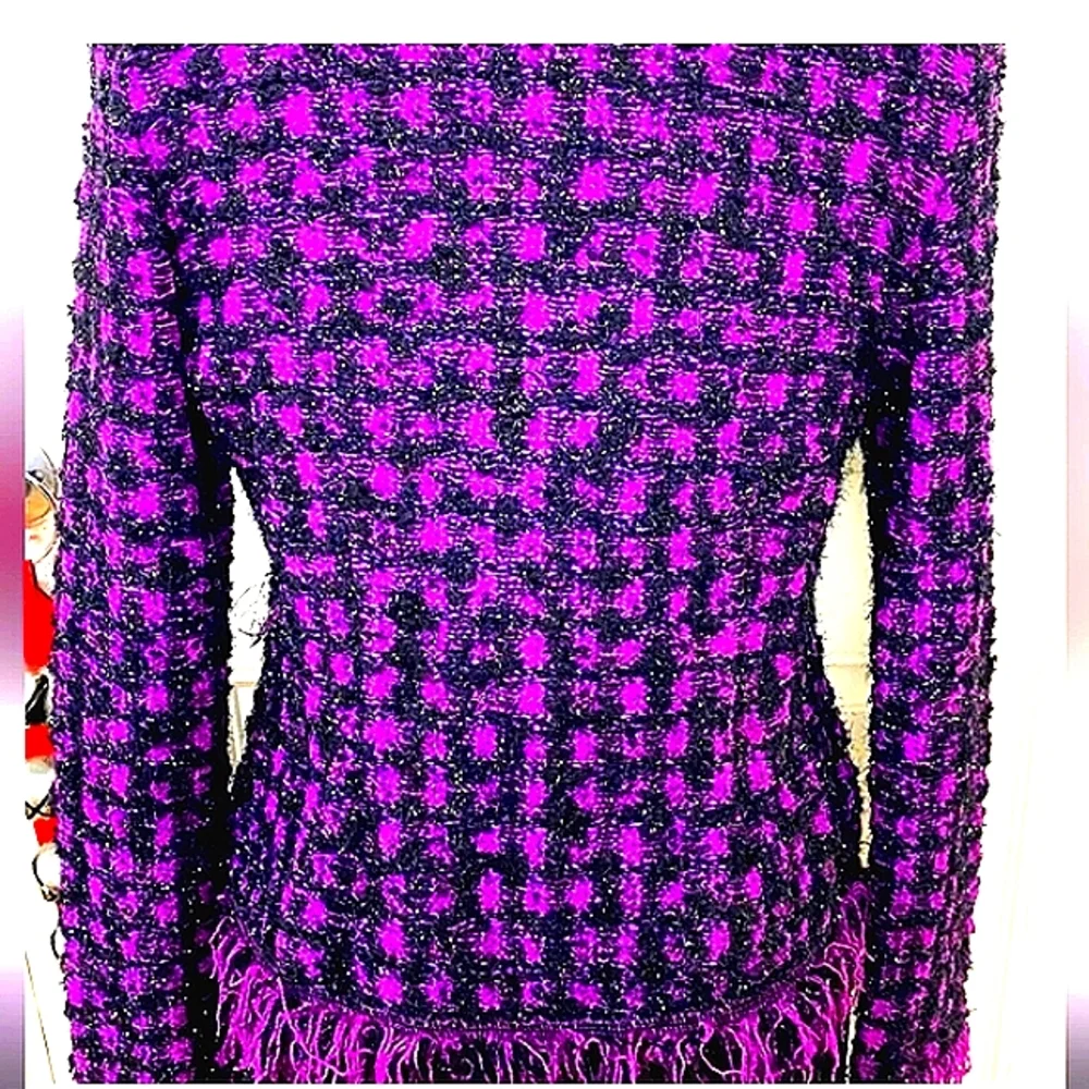 WOW! EXQUISITE ESCADA 40/10 KNIT WOOL TWEED BOUCLE PURPLE METALLIC FRINGE JACKET - Picture 4 of 13